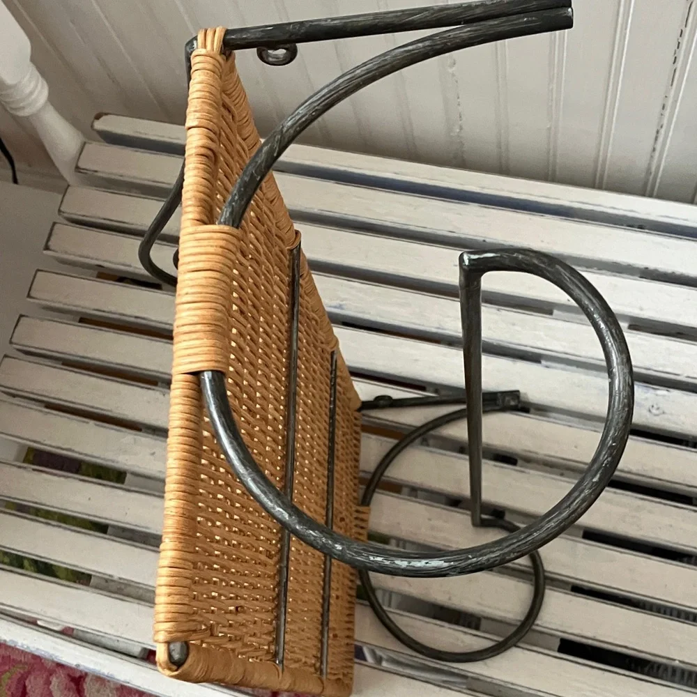 Wrought Iron and Wicker Wall Shelf With Hanging Bar, Ready To Hang